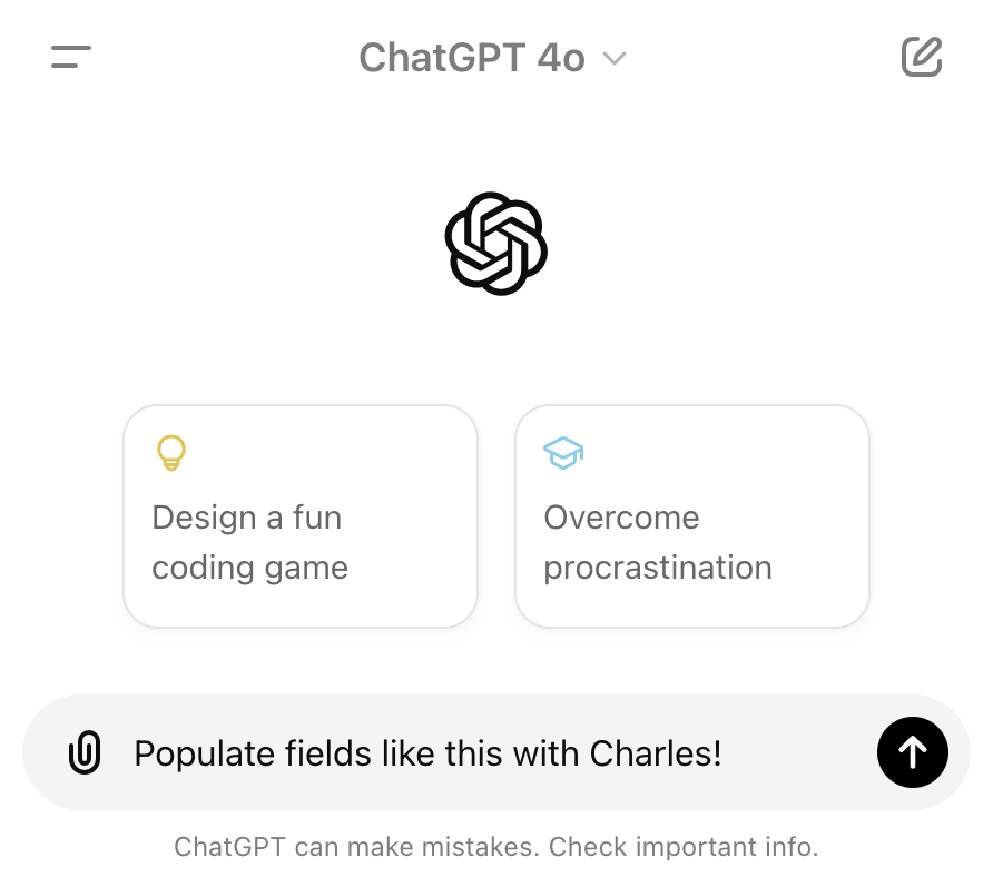 A Charles extension filling in the ChatGPT message box with the text: Populate fields like this with Charles!
